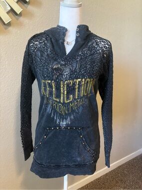 Affliction Black Distressed Long Sleeve Hooded Tee with Yellow Logo